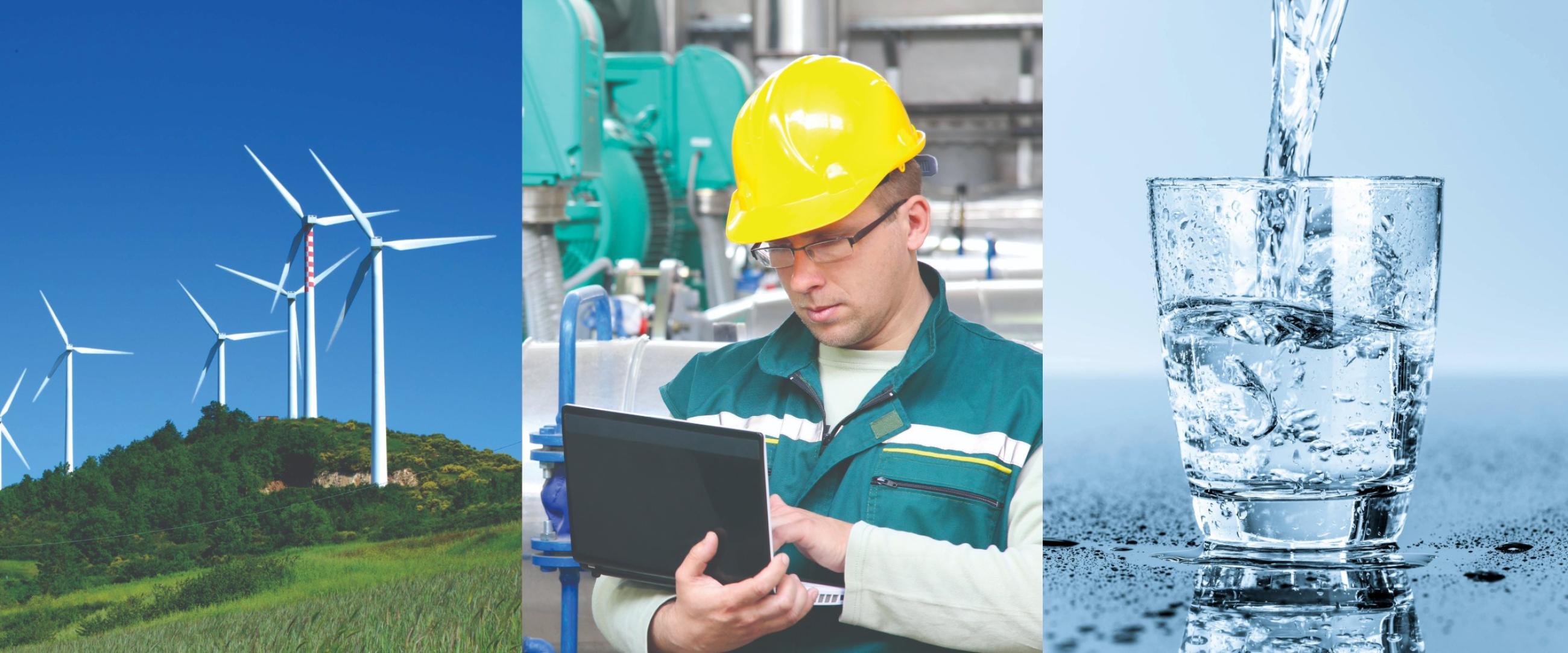 Collage of a wind turbine, utility worker, and water pouring over a drinking glass